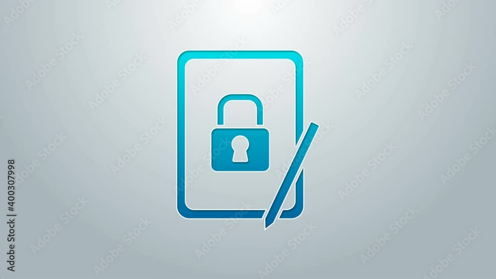 Blue line Graphic tablet with closed padlock icon isolated on grey background. Phone with lock. Mobile security, safety, protection concept. 4K Video motion graphic animation Blue line Graphic tablet with closed padlock icon isolated on grey background. Phone with lock. Mobile security, safety, protection concept. 4K Video motion graphic animation