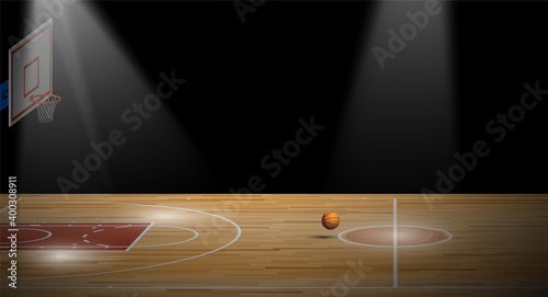 bright beam illuminates sports basketball court with backboard, hoop and ball for banner. Background for competition. Vector
