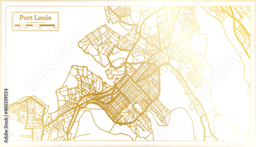 Port Louis Mauritius City Map in Retro Style in Golden Color. Outline Map.