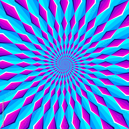 Purple spirals from rhombuses on blue background. Spin illusion.