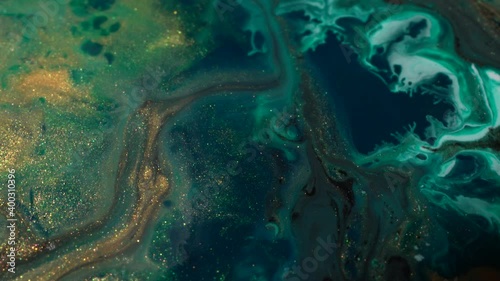 Wallpaper Mural Dark green, shiny gold and white colors oil paint pouring close up. Color Trends 2021. Paint movement macro. Ink flow. Glitter fluid motion. Moving flowing stream of paint. Abstract background Torontodigital.ca