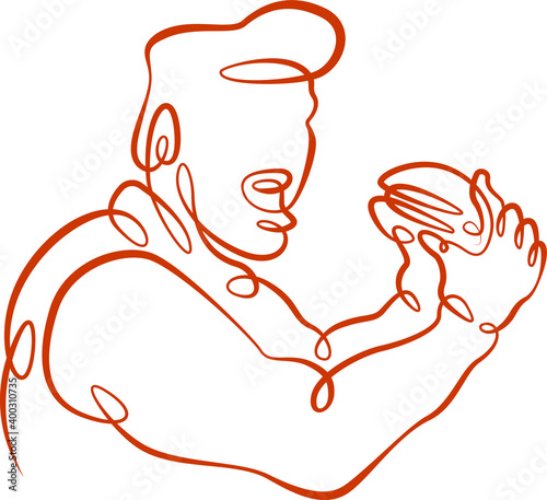 Young man eating big burger sandwich. Fast street food. One line continuous thick bold single drawn art doodle isolated hand drawn outline logo illustration.