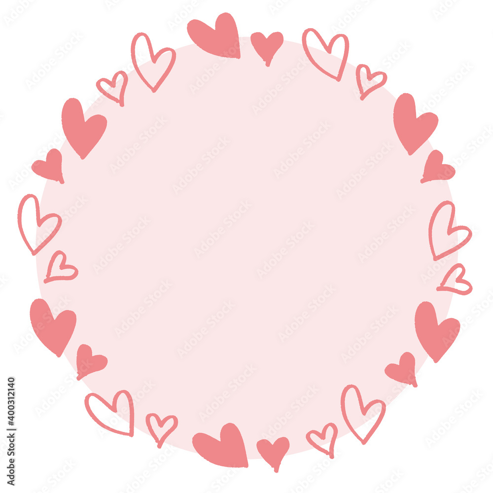 ハートの手書き風の背景素材　枠　丸いフレーム　バレンタイン