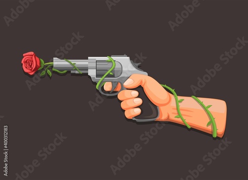 Gun flower, hand holding revolver with rose symbol concept in cartoon  illustration vector on dark background
