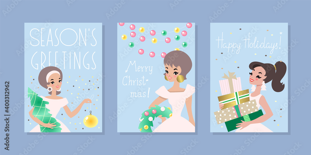 Set of winter holiday templates. Collection of greeting cards with pretty girls in beautiful dresses on a blue background. Suitable for social media post and web banner design. Vector 10 EPS. Set of winter holiday templates. Collection of greeting cards with pretty girls in beautiful dresses on a blue background. Suitable for social media post and web banner design. Vector 10 EPS.