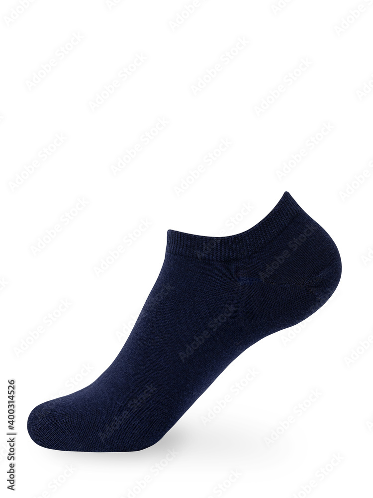 Isolated navy blue short sock on invisible mannequin foot on white background, side view Isolated navy blue short sock on invisible mannequin foot on white background, side view