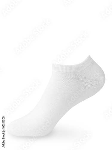 Isolated white short sock on invisible mannequin foot on white background, side view