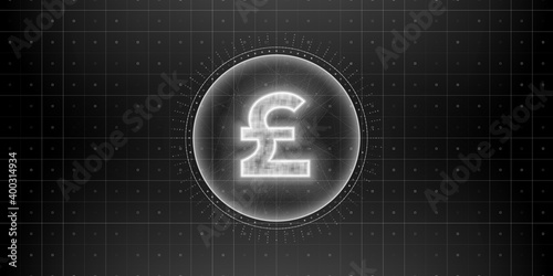 Digital currency pound sterling sign on abstract HUD technology background. Futuristic hi-tech digital money.Electronic economy of the future. Vector illustration