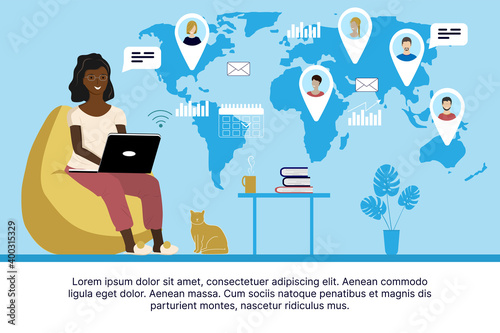 Black woman in a chair at home works with people from all over the world on a laptop. Freelance, Video conferencing, communications, work from home, work anywhere. Vector illustration