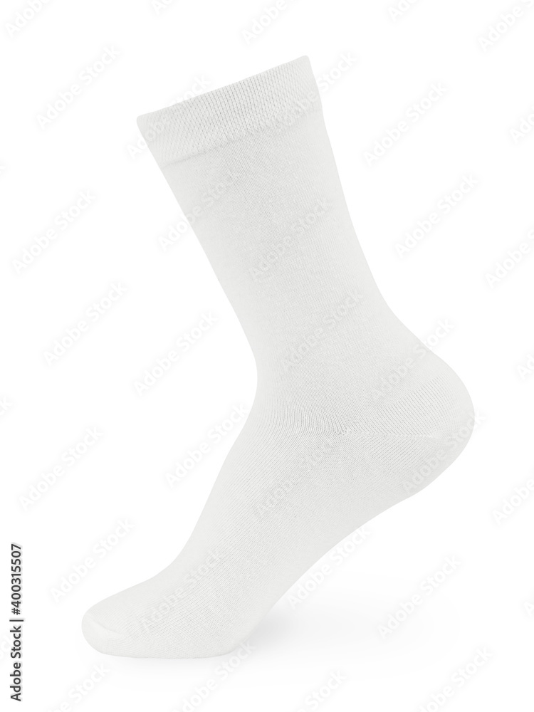 Isolated long white sock on invisible mannequin foot on white background, side view