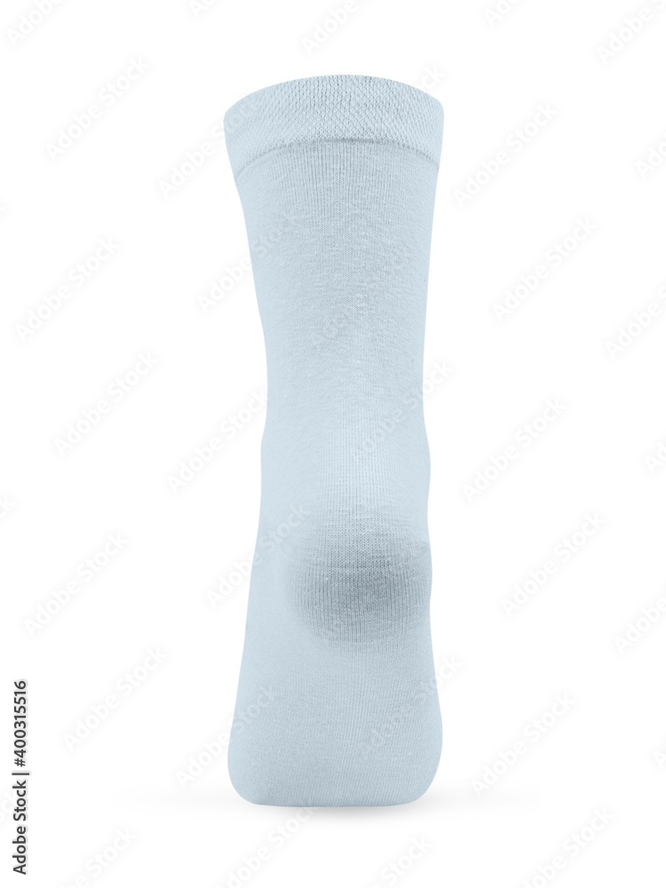 Isolated long blue sock on invisible mannequin foot on white background, back view