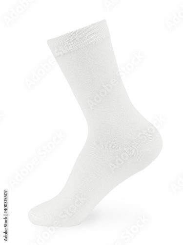 Obraz na płótnie Isolated long white sock on invisible mannequin foot on white background, side view w salonie