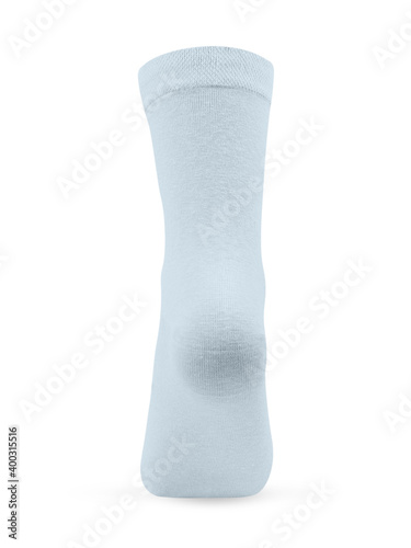 Obraz na płótnie Isolated long blue sock on invisible mannequin foot on white background, back view w salonie