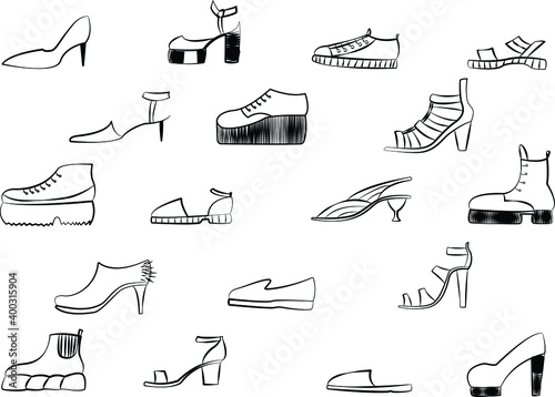 A set of women's shoes. Black and white hand-drawn sketch. Vector illustration isolated on white background. Can be used in postcards, stickers, backgrounds, icons, symbols.