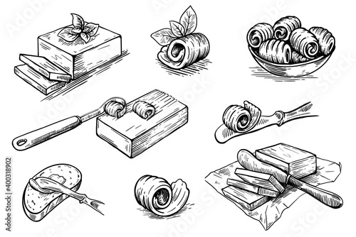 Butter. natural farm products. set of vector sketches