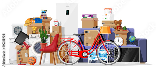 Moving to new house. Family relocated to new home. Paper cardboard boxes with various household thing. Package for transportation. Computer, lamp, clothes, books. Vector illustration in flat style