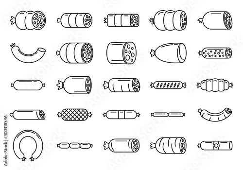 Sausage fresh icons set. Outline set of sausage fresh vector icons for web design isolated on white background