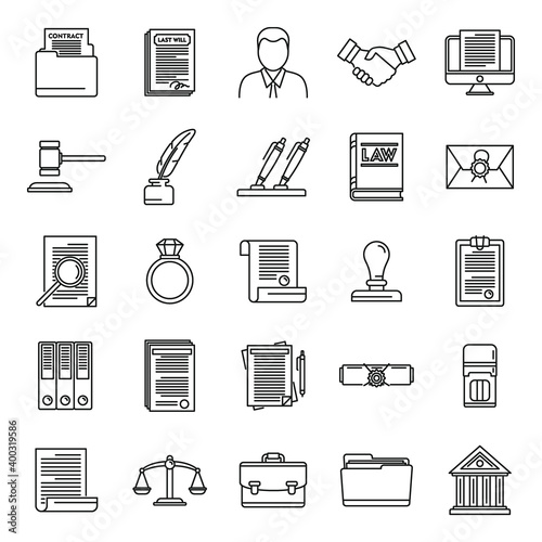 Legal notary icons set. Outline set of legal notary vector icons for web design isolated on white background