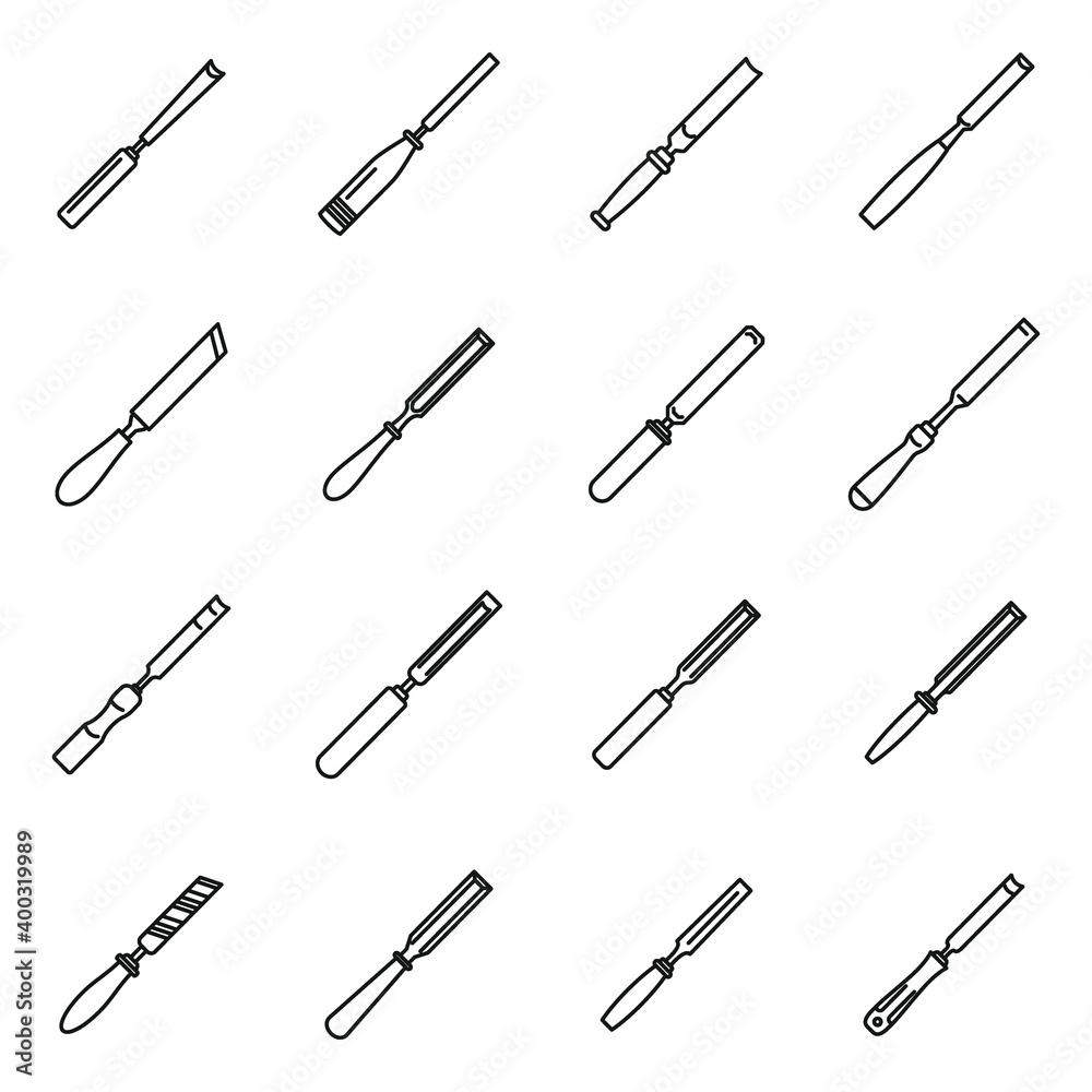 Carpenter chisel icons set. Outline set of carpenter chisel vector icons for web design isolated on white background Carpenter chisel icons set. Outline set of carpenter chisel vector icons for web design isolated on white background