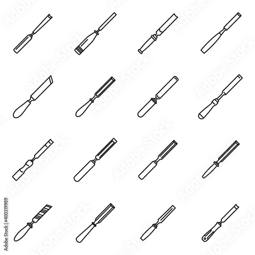 Carpenter chisel icons set. Outline set of carpenter chisel vector icons for web design isolated on white background