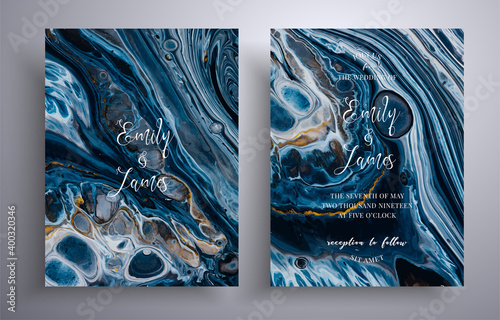 Modern set of wedding invitations with stone texture. Agate vector covers with marble effect and place for text, black, navy blue and golden colors. Designed for posters, brochures and etc