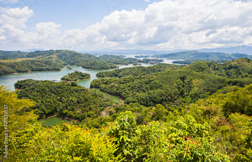 Beautiful view of Riam Kanan lake from the peak of Matang Kaladan hill in Banjar, South Kalimantan. Riam Kanan is a dam for power plant and conservation. photo