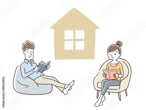 ベクターイラスト素材：おうち時間、ステイホーム、家で読書をする夫婦、カップル
