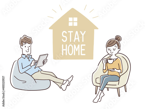 ベクターイラスト素材：おうち時間、ステイホーム、家で過ごす夫婦、カップル
