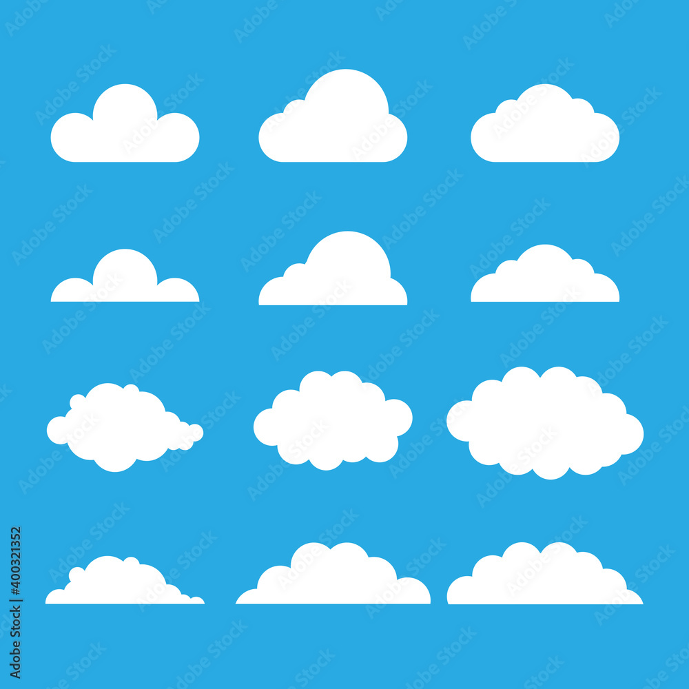 set of clouds on blue background drawn in flat style set of clouds on blue background drawn in flat style