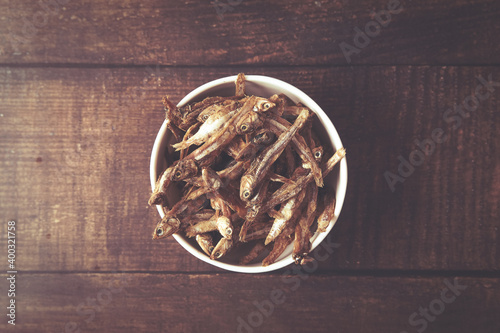 Dried Indian anchovies fish on bowl	
 photo