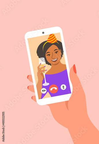 Virtual party celebration together with friend video call. Young black girl in party hat holds champagne glass and congratulates her friend using smartphone. Stay home cartoon vector illustration