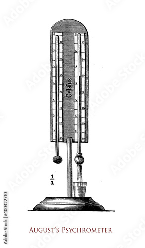 August psychrometer, device for measuring the atmospherical humidity with two thermometers, one with the bulb wet covered in distilled water prior the observation, old print photo