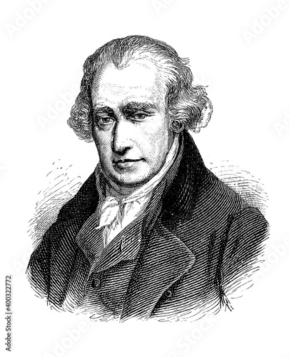 Engraving portrait of James Watt (1736–1819)  Scottish inventor, mechanical engineer and chemist, famous for his steam engine of improved power and efficiency