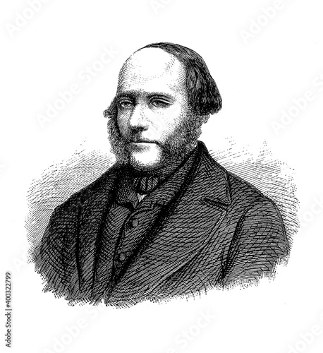 Engraving portrait of John Ericsson (1803-1889) Swedish-American inventor of railroad steam locomotives, an armoured ironclad warship and several mechanism based on steam