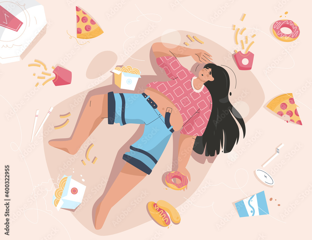 Overweight woman lies among fast junk food Overweight woman lies among fast junk food