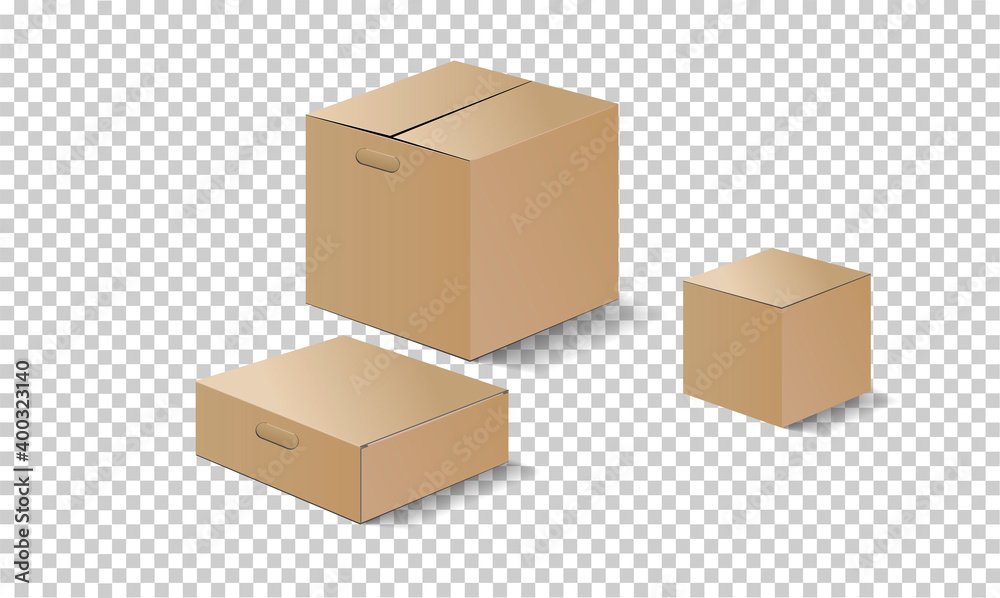 The set of 3d mockups of closed cardboard boxes for shipping and storage of equipment and goods. Transparent background. Realistic shadows. Vector illustration.