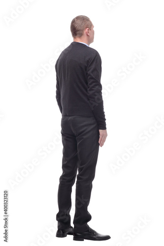 Business man from the back - looking at something over a white background