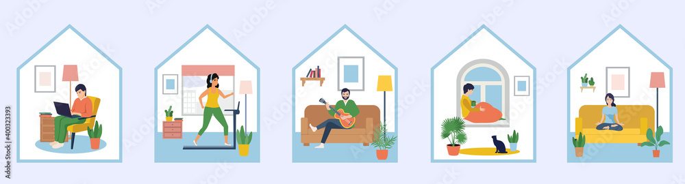 People sitting at their home. Quarantine, stay at home concept series. People sitting at their home, room or apartment, go in for sports, enjoying meditation, play musical instruments, work online