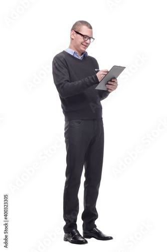 Man writing on clipboard isolated on white background