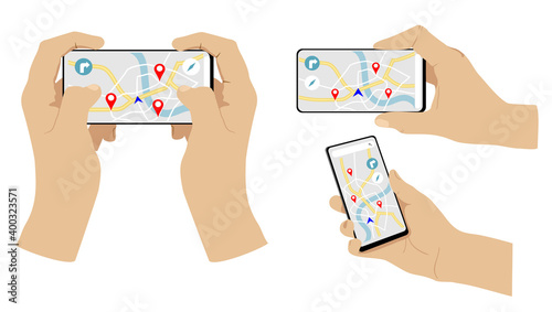 Set online navigator in a smartphone in hand. Mobile application concept. Online shopping, mobile payment, pay with smartphone, shopping basket concepts for web banners, websites