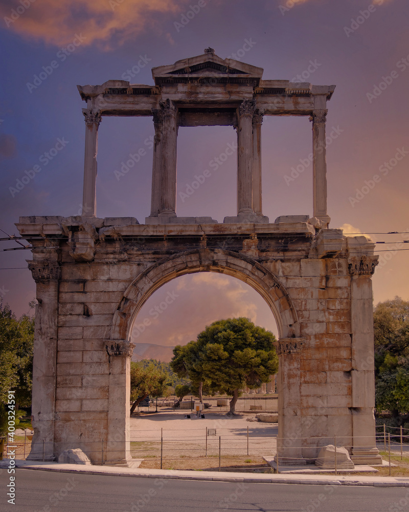 impressive Adrian's ancient arch ruins under fiery sky, Athens Greece