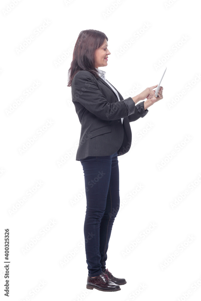 Full length portrait of attentive modern business woman with clipboard and pen Full length portrait of attentive modern business woman with clipboard and pen