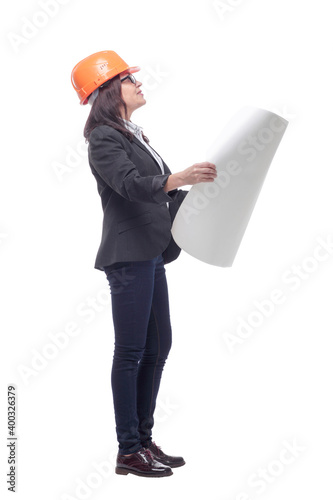 Businesswoman architect holding blueprints isolated on white background © ASDF