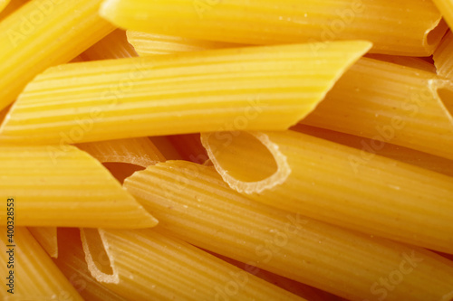 Tortiglioni pasta isolated on white background. Top view