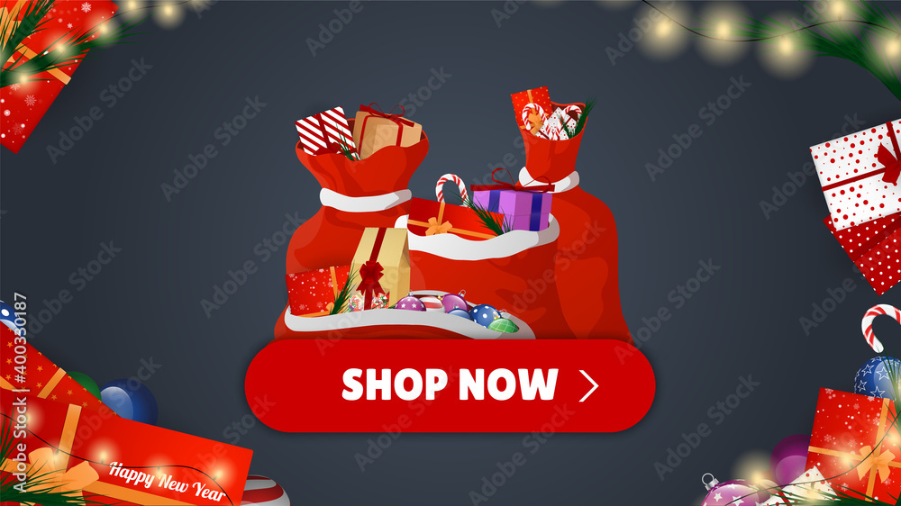 Christmas Shop. Many Different New Year Gifts on The Festive Background. Merry Christmas and Happy New Year. Colored. Winter Holidays Set Realistic gifts. Vector Illustration