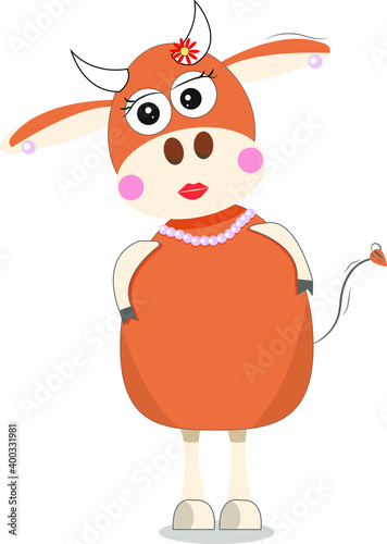 Bull-girl. Vector cartoon illustration.There is an orange-colored bull-girl, she stands with her head bent to the left. She wears jewelry - a flower on a horn, earrings in her ears, pearl beads. 