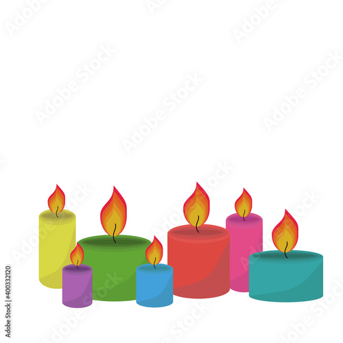 Set of burning multi-colored candles, wide candle with fire, symbolic flame for tradition, romance or ritual