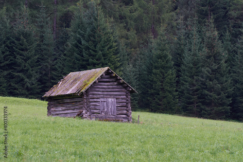 Hütte auf einer Bergwiese in den Alpen