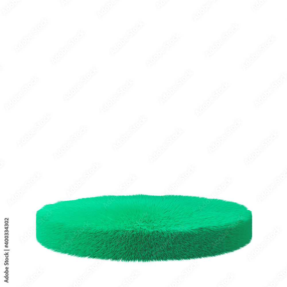 Green fluffy round podium. Imitation animal fur .3d rendering. Green fluffy round podium. Imitation animal fur .3d rendering.