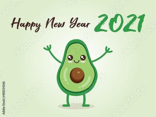 Happy new year 2021 greeting card, avocado cartoon, keto  photo